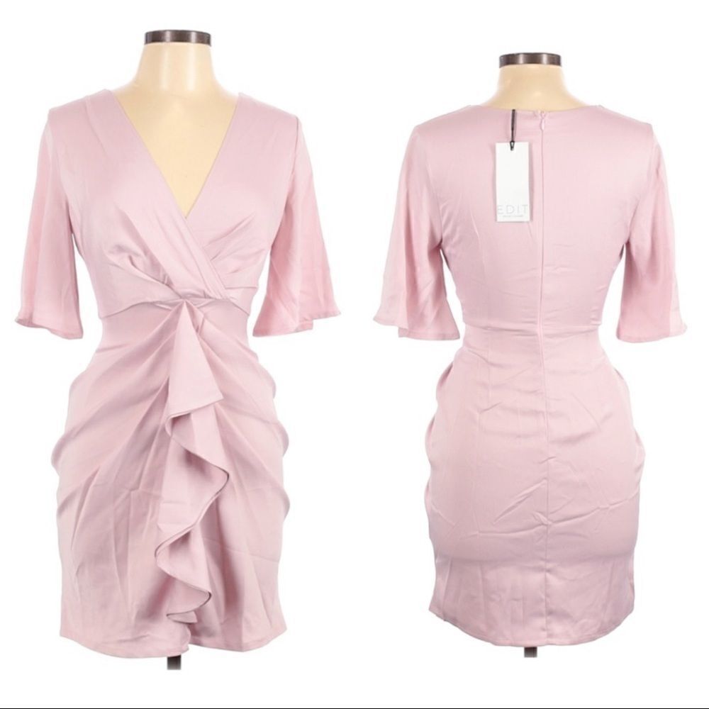 NWT Edit White House Short Light Pink Ruffle V-neck Dress Sz 6
